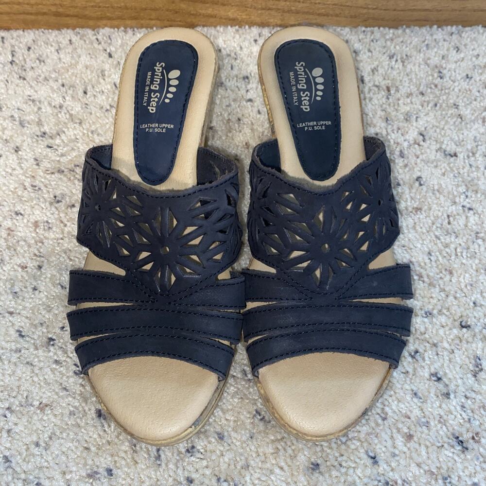 Spring Step DORA Cork Wedge Comfort Slide Sandals Women US 8.5/9 Black Leather